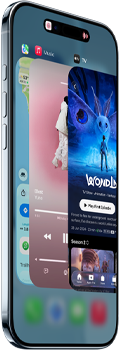 iPhone Air, pohled zepředu a z boku, tenký profil, Dynamic Island uprostřed u horního okraje obrazovky, použití Přepínače aplikací, akční tlačítko, tlačítka hlasitosti
